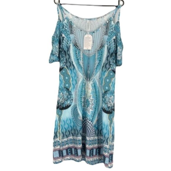NWT teal blue cold  shoulder peacock print dress small - Picture 1 of 16